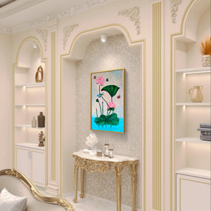 Luxurious Pichwai lotus painting displayed in a classic living room with ornate decor.