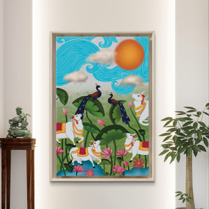 Serene Pichwai garden digital painting with cows, peacocks, and lotus flowers in a bright room.