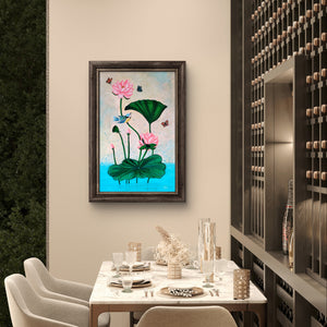 Pichwai handmade acrylic painting of lotus flowers and birds in a dining room decor.