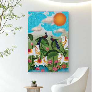 Large Pichwai garden artwork with cows and peacocks in a serene, minimalist room.