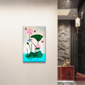 Pichwai lotus painting displayed in a luxurious hallway with intricate wall designs.