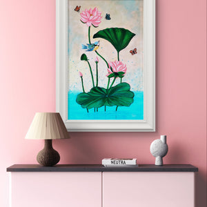 Pichwai acrylic painting of lotus flowers in a pink-themed contemporary decor.