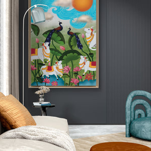Colorful Pichwai garden artwork with cows and peacocks in a modern, dark-toned living space.