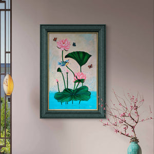 Pichwai lotus painting with vibrant colors in a tranquil space with natural decor.