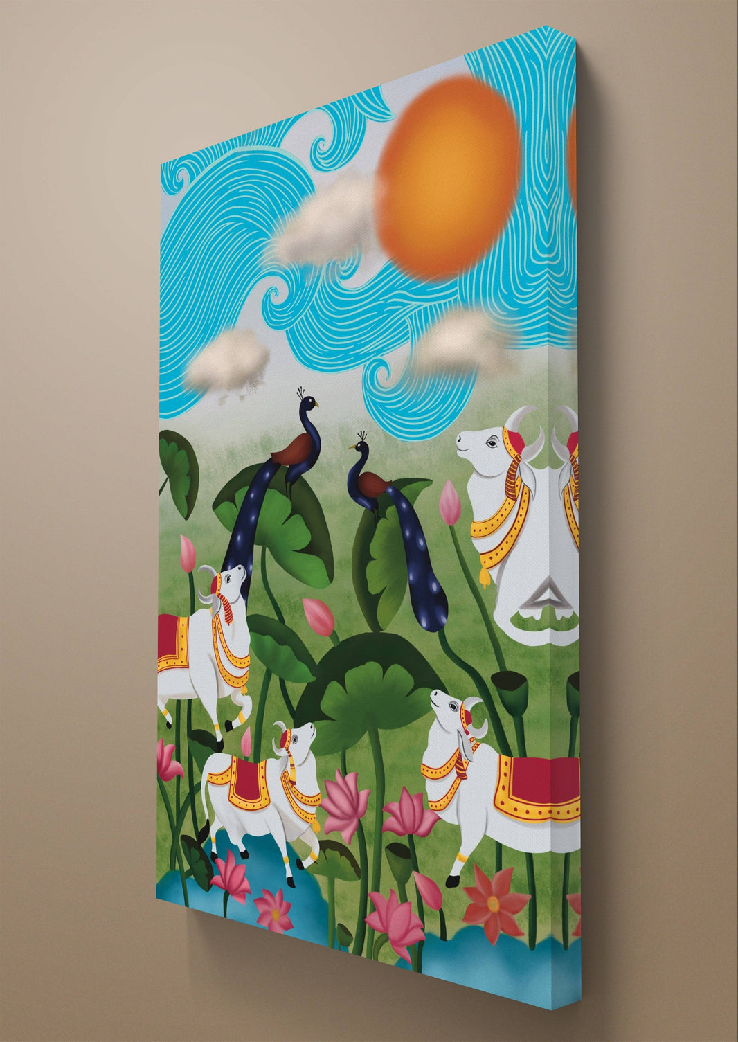Side view of vibrant Pichwai artwork showcasing intricate details of cows and peacocks.