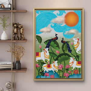 Framed Pichwai garden artwork with cows and peacocks displayed on a decorative shelf.