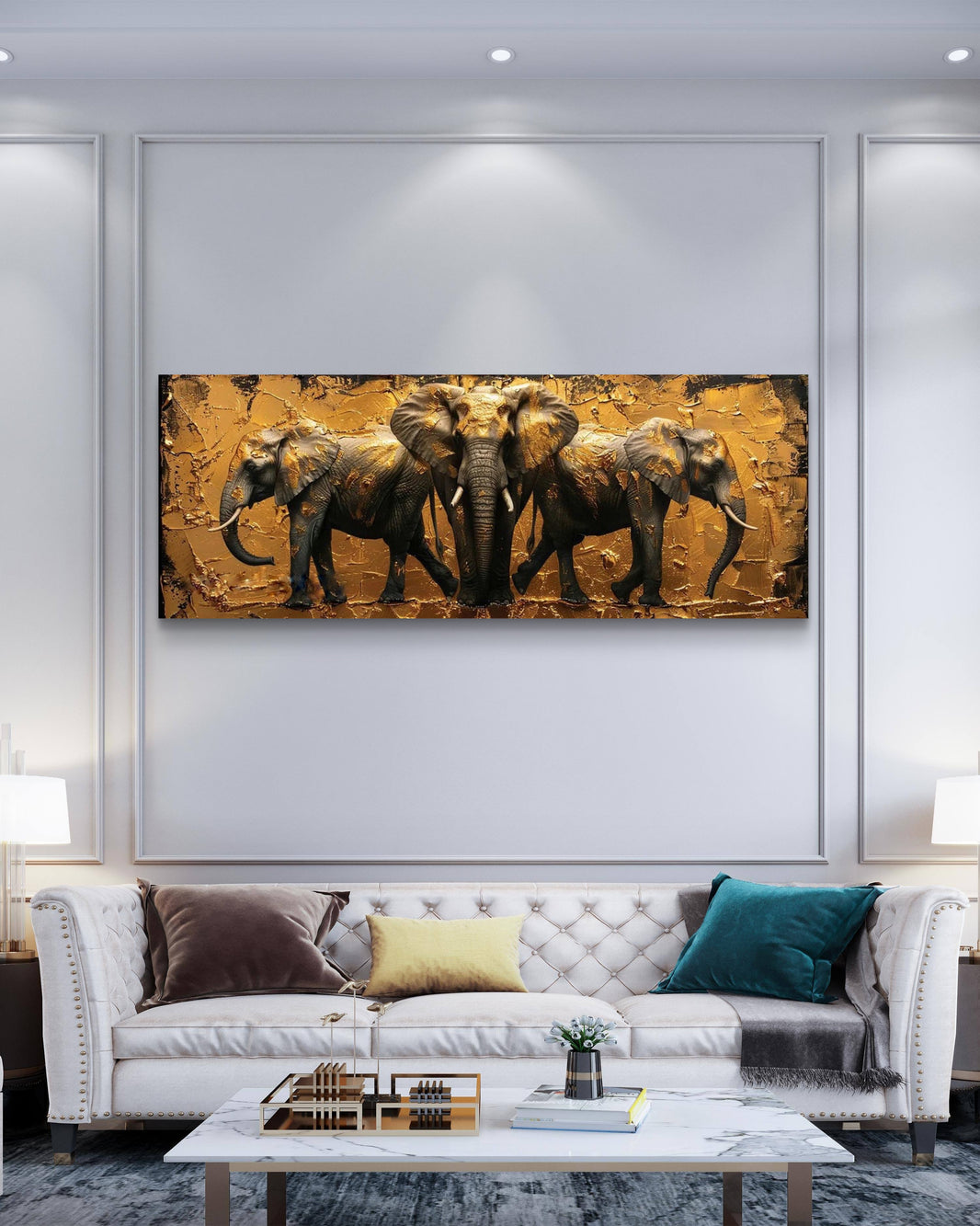 Regal Elephant Trio and Golden Impasto Digital Vastu Painting